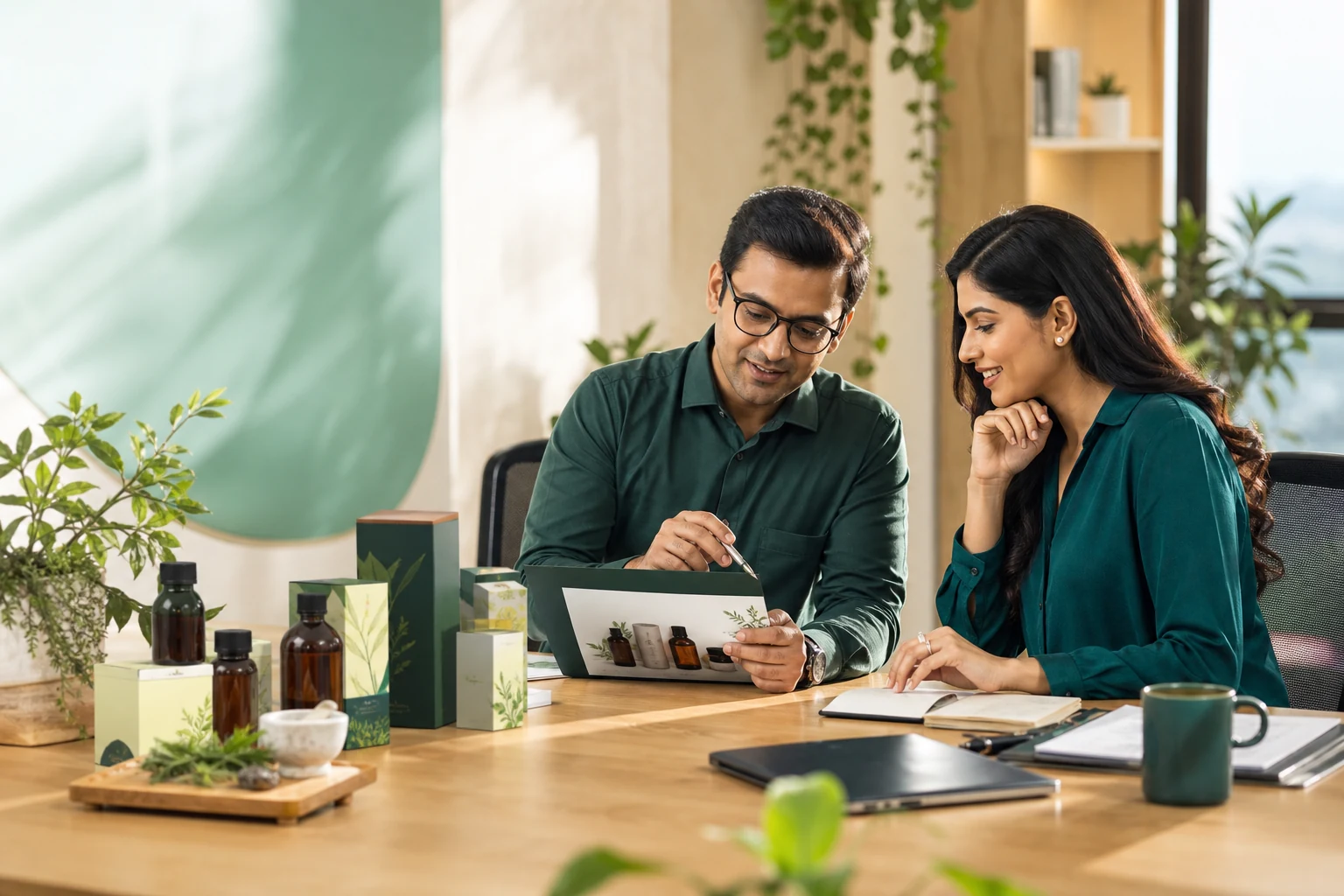 Vedinca marketing professionals discussing Ayurvedic wellness products and market plans