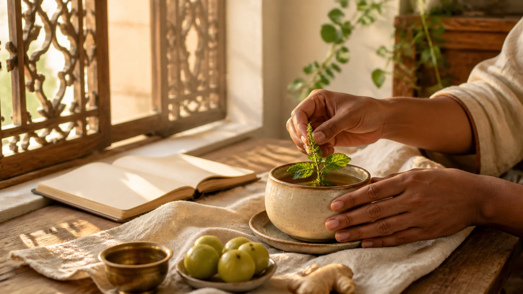 A mindful morning ritual with herbal infusion, tulsi leaves, amla and natural materials